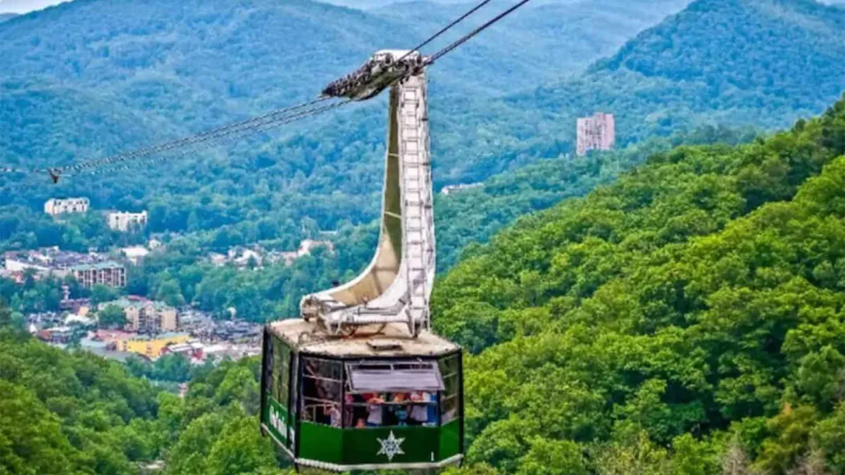 A sweeping view featuring a gondola soaring above Gatlinburg, with stunning mountains and the town below. The image captures a sense of adventure and easy access to nature and attractions, inviting families to explore together.